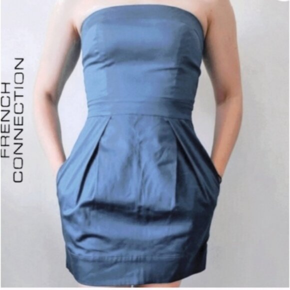 FRENCH CONNECTION- Cerulean Frost Blue Tiffany Strapless Pleated Pocket … - Picture 9 of 10